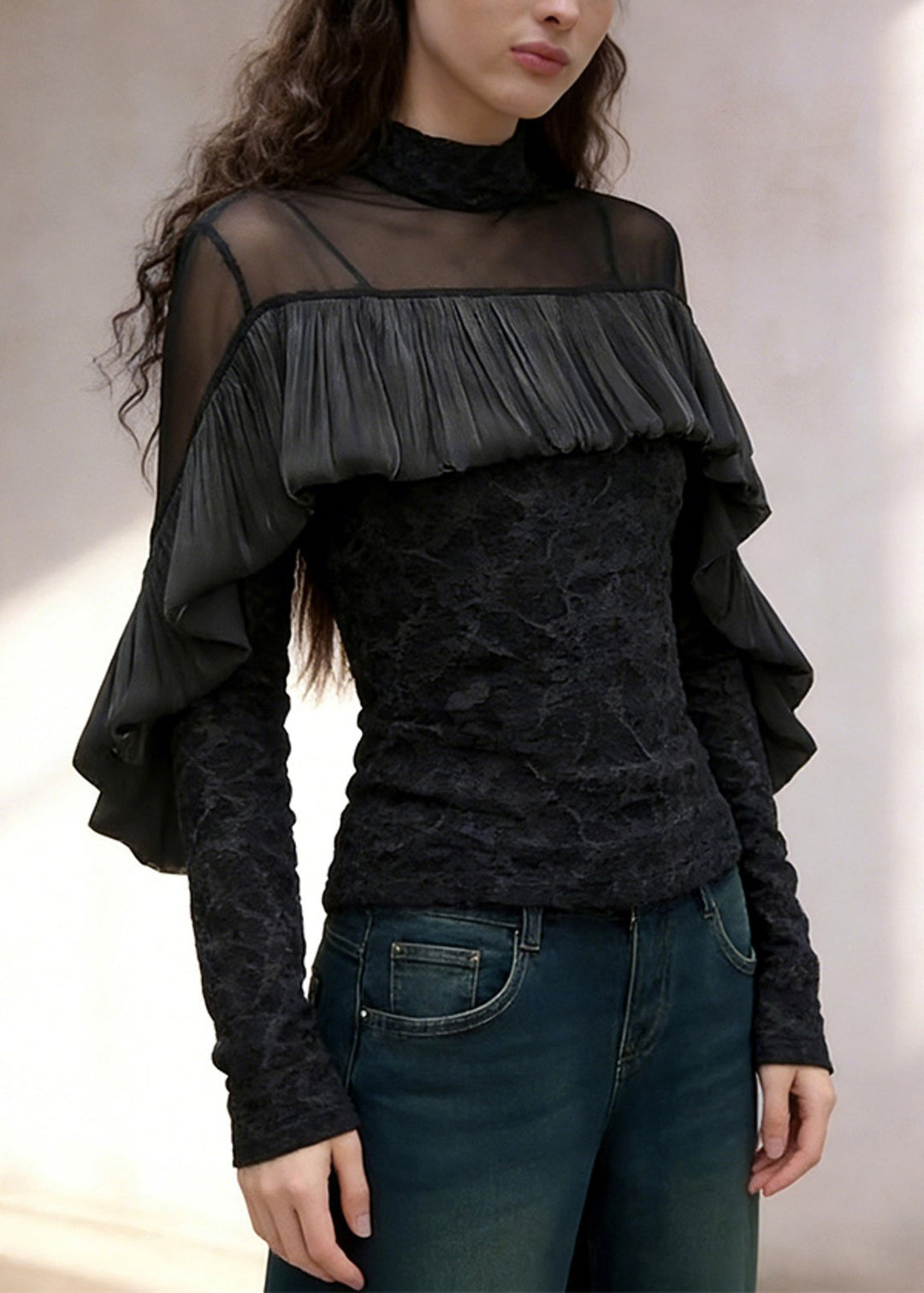 French Black Turtleneck Ruffled Tulle Patchwork T Shirt Spring