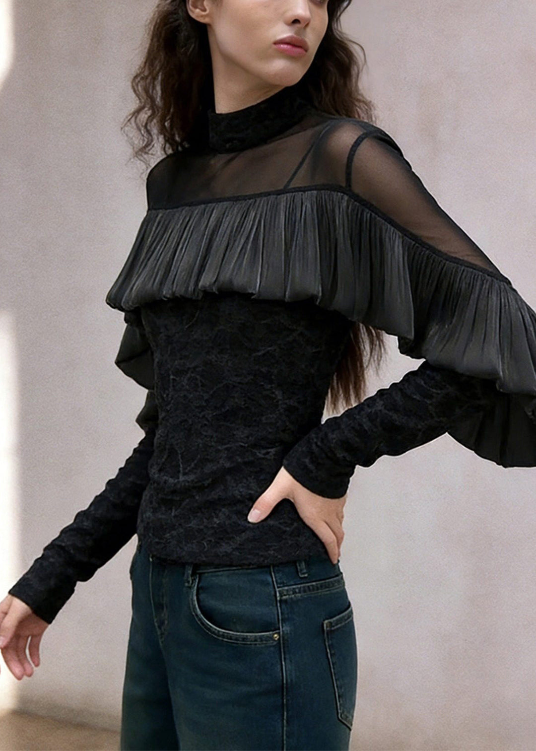 French Black Turtleneck Ruffled Tulle Patchwork T Shirt Spring