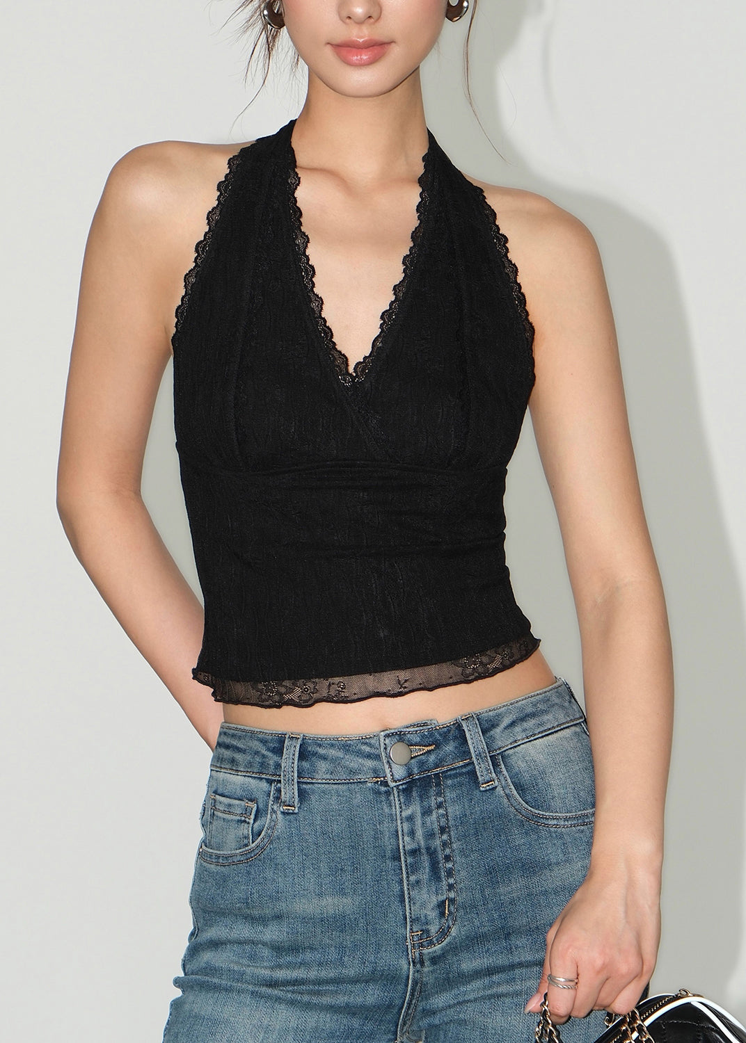 French Black V Neck Backless Lace Halter Tank Top Sleeveless