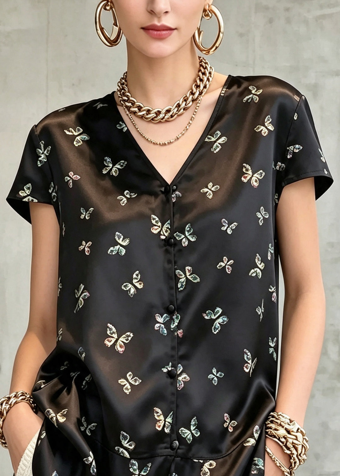 French Black V Neck Butterfly Print Shirt Tops Short Sleeve