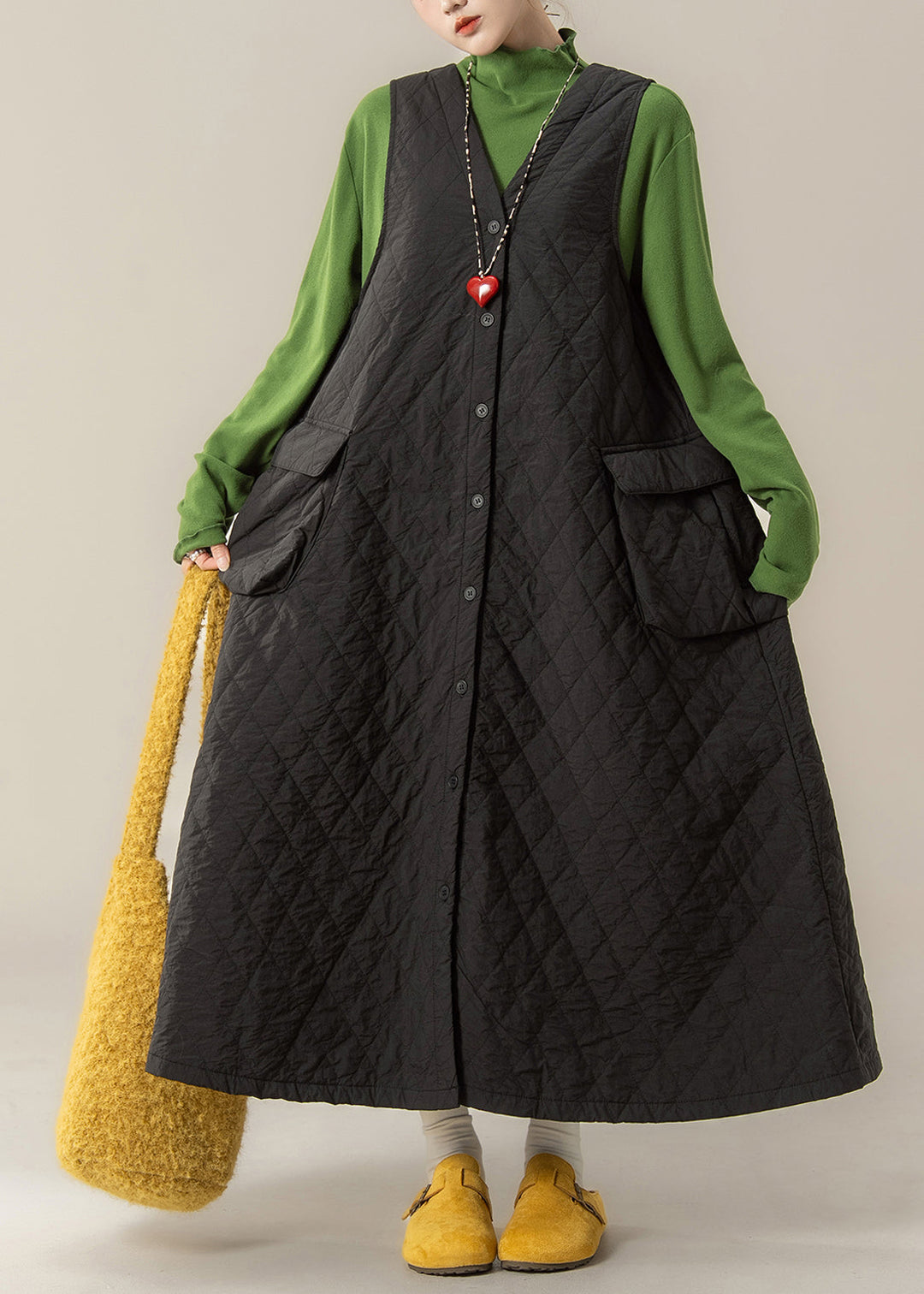French Black V Neck Button Pockets Fine Cotton Filled Vest Dress Winter
