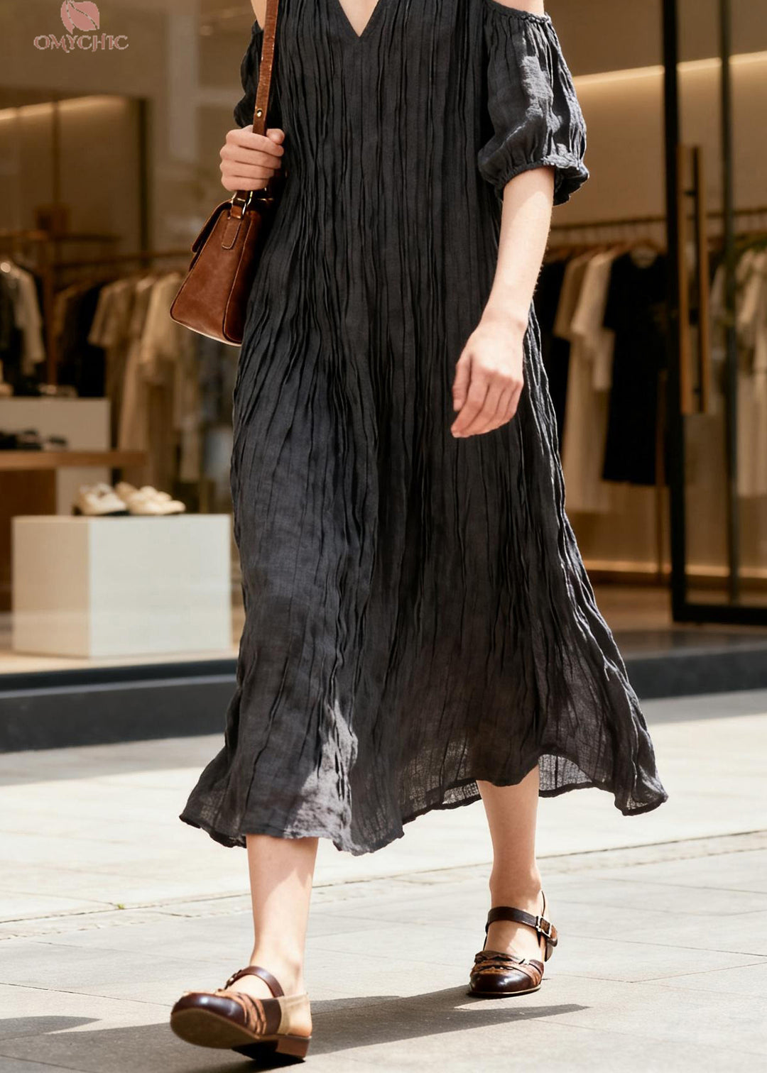 French Black V Neck Cold Shoulder Patchwork Cotton Long Dress Summer