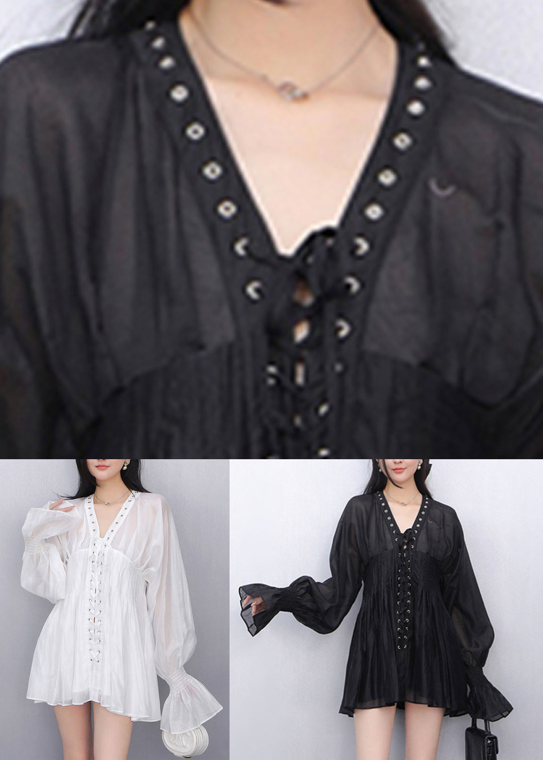 French Black V Neck French Chiffon Tops Flare Sleeve