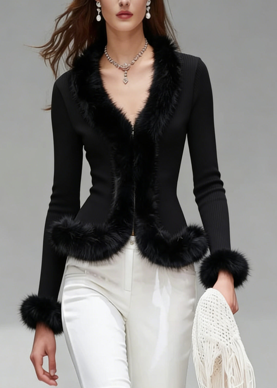 French Black V Neck Fur Patchwork Knit Blouses Spring