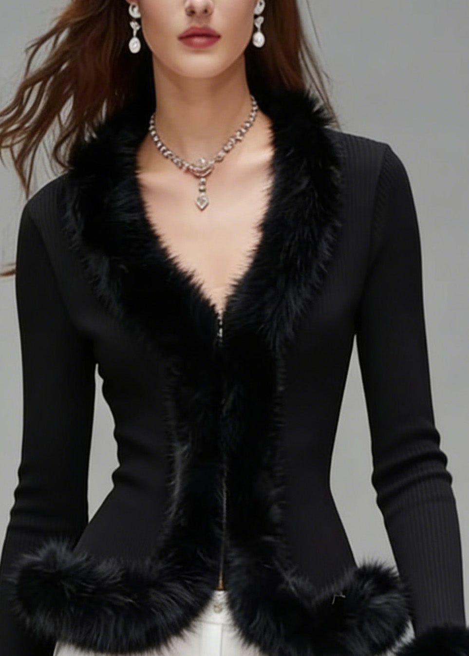 French Black V Neck Fur Patchwork Knit Blouses Spring