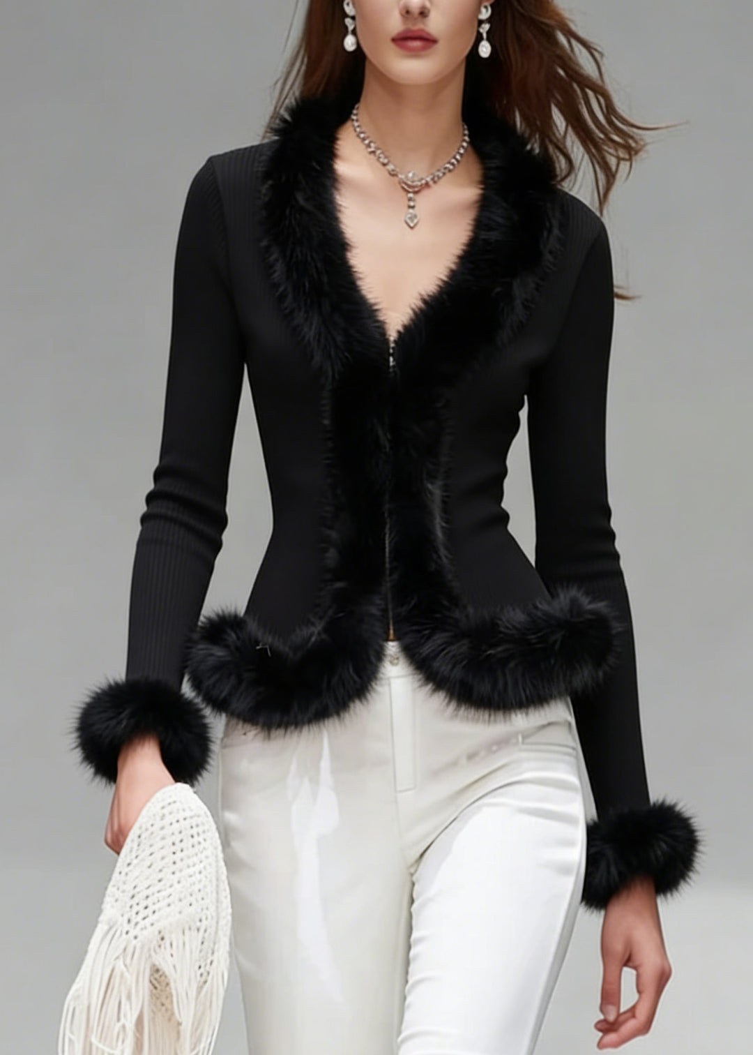 French Black V Neck Fur Patchwork Knit Blouses Spring