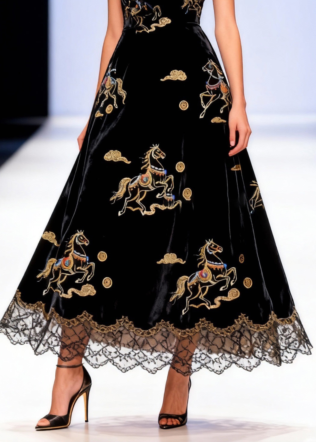 French Black V Neck Horse Lace Patchwork Silk Velvet Long Dress Sleeveless