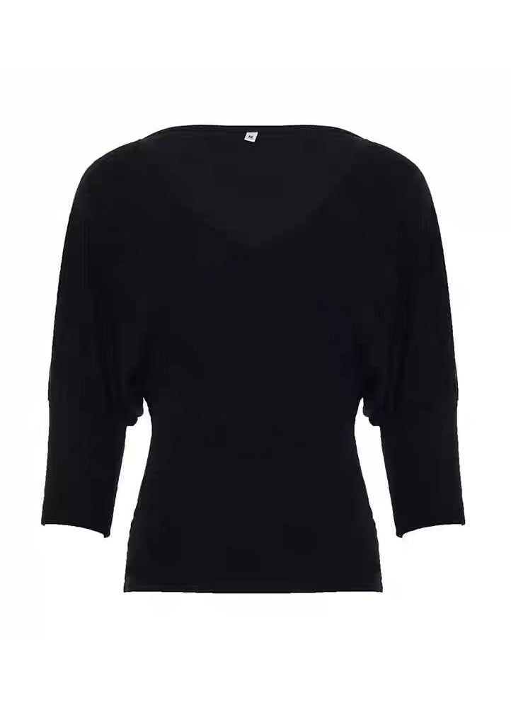 French Black V Neck Knit Shirt Batwing Sleeve