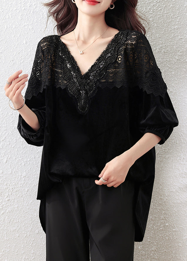 French Black V Neck Lace Patchwork Silk Velour Tops Fall