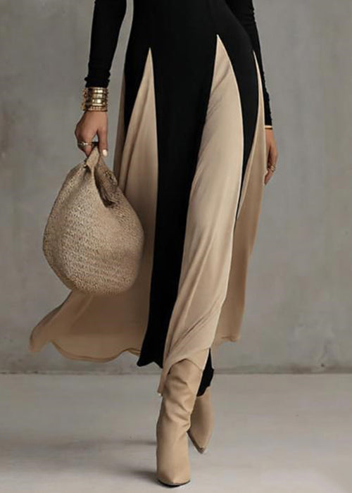 French Black V Neck Patchwork Cotton Long Dress Spring