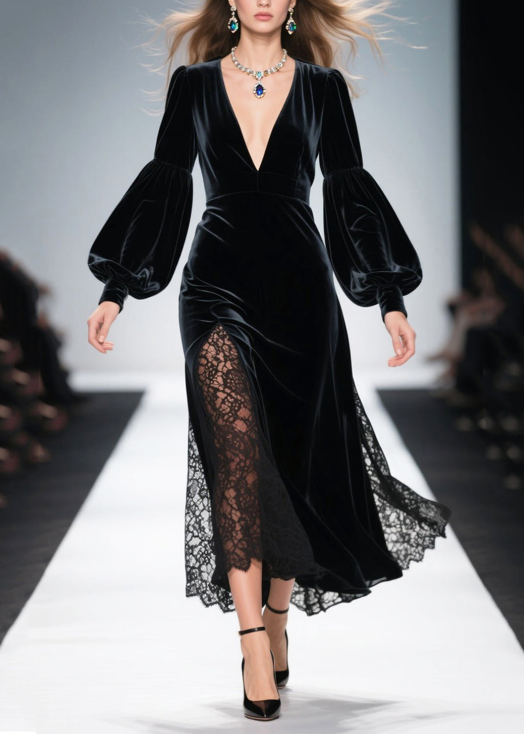 French Black V Neck Patchwork Hollow Out Silk Velvet Dress Spring