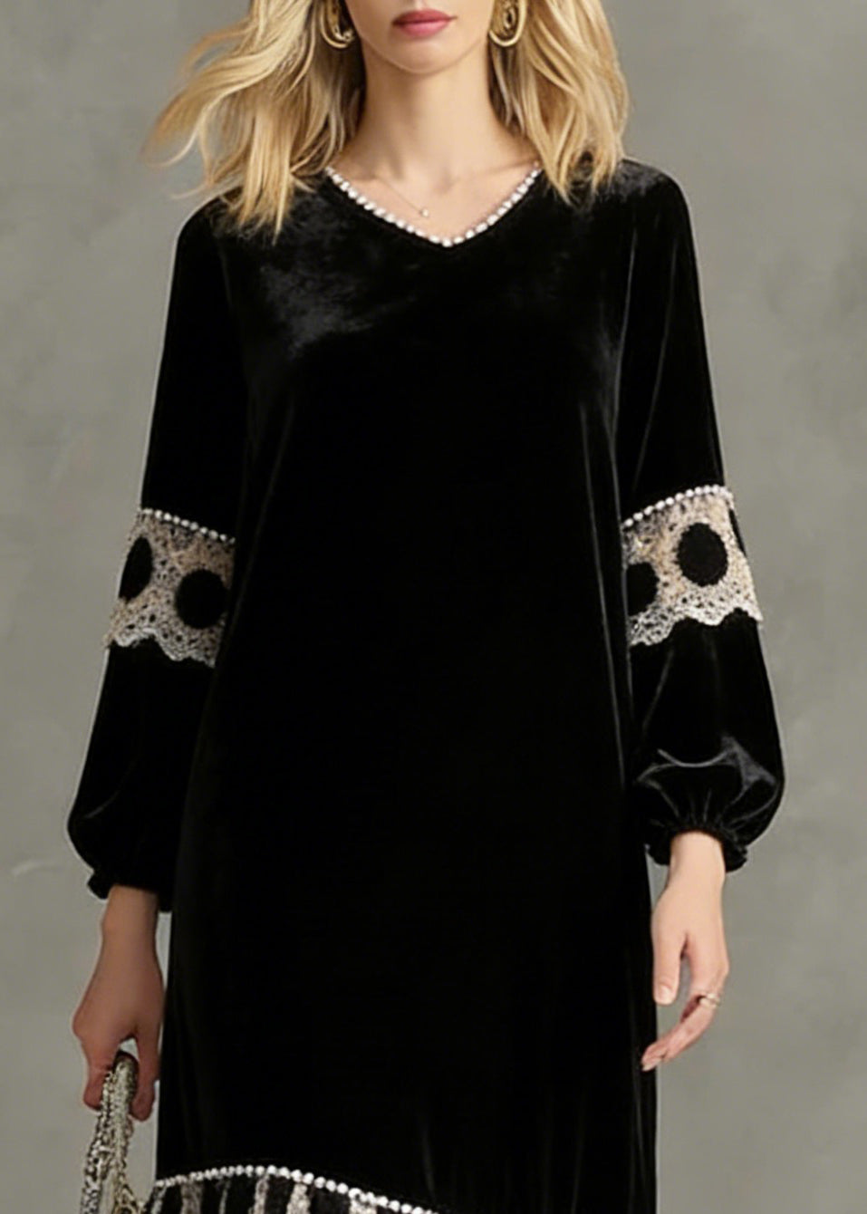 French Black V Neck Patchwork Silk Velvet Long Dress Spring