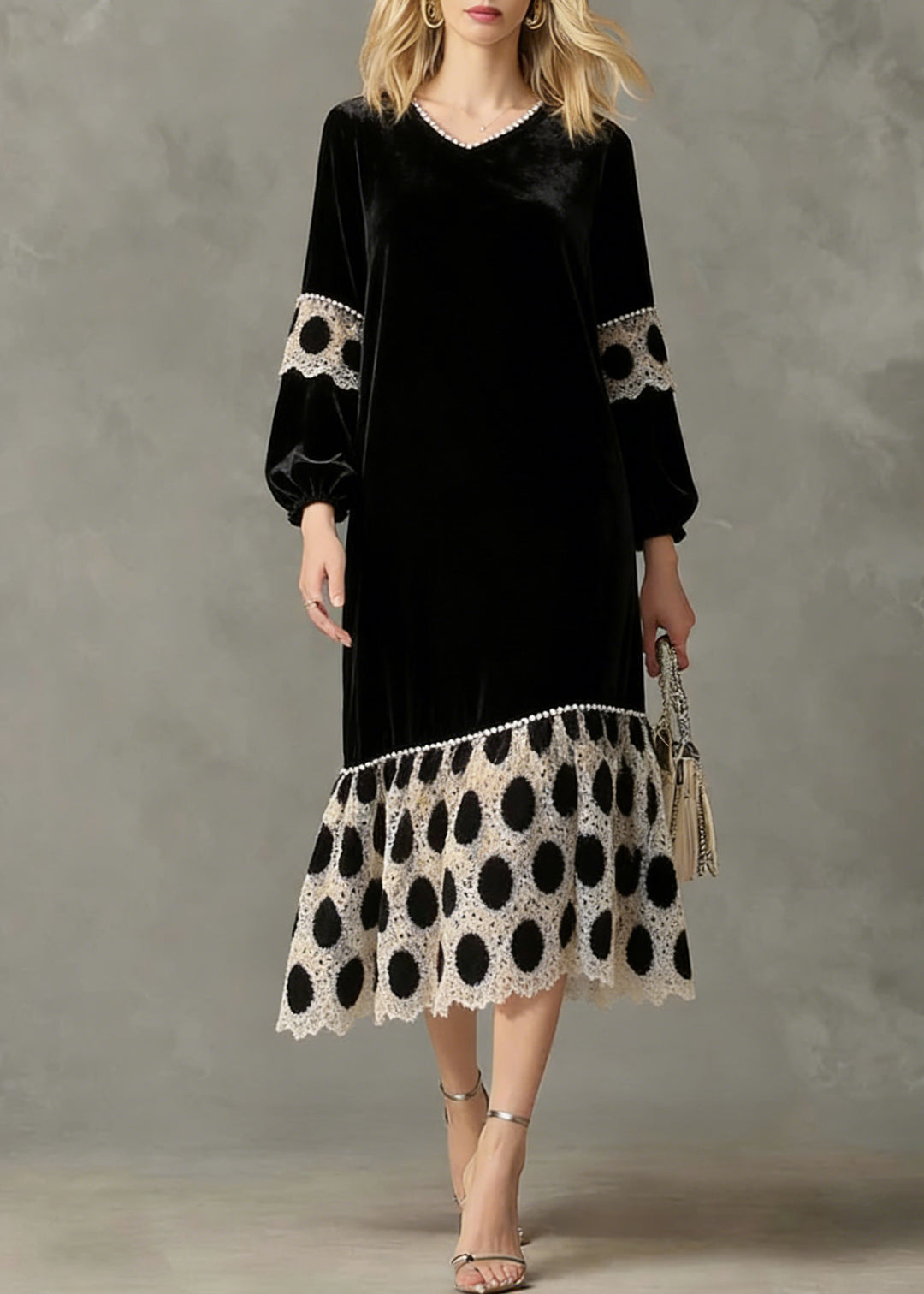 French Black V Neck Patchwork Silk Velvet Long Dress Spring