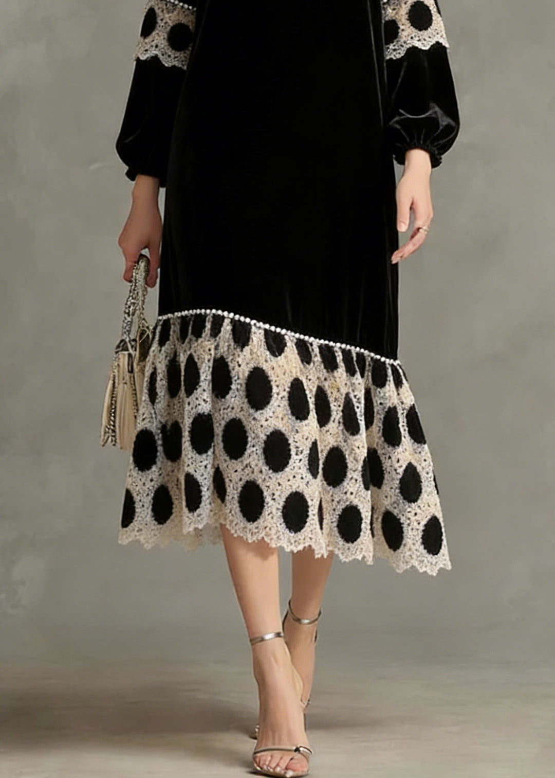 French Black V Neck Patchwork Silk Velvet Long Dress Spring