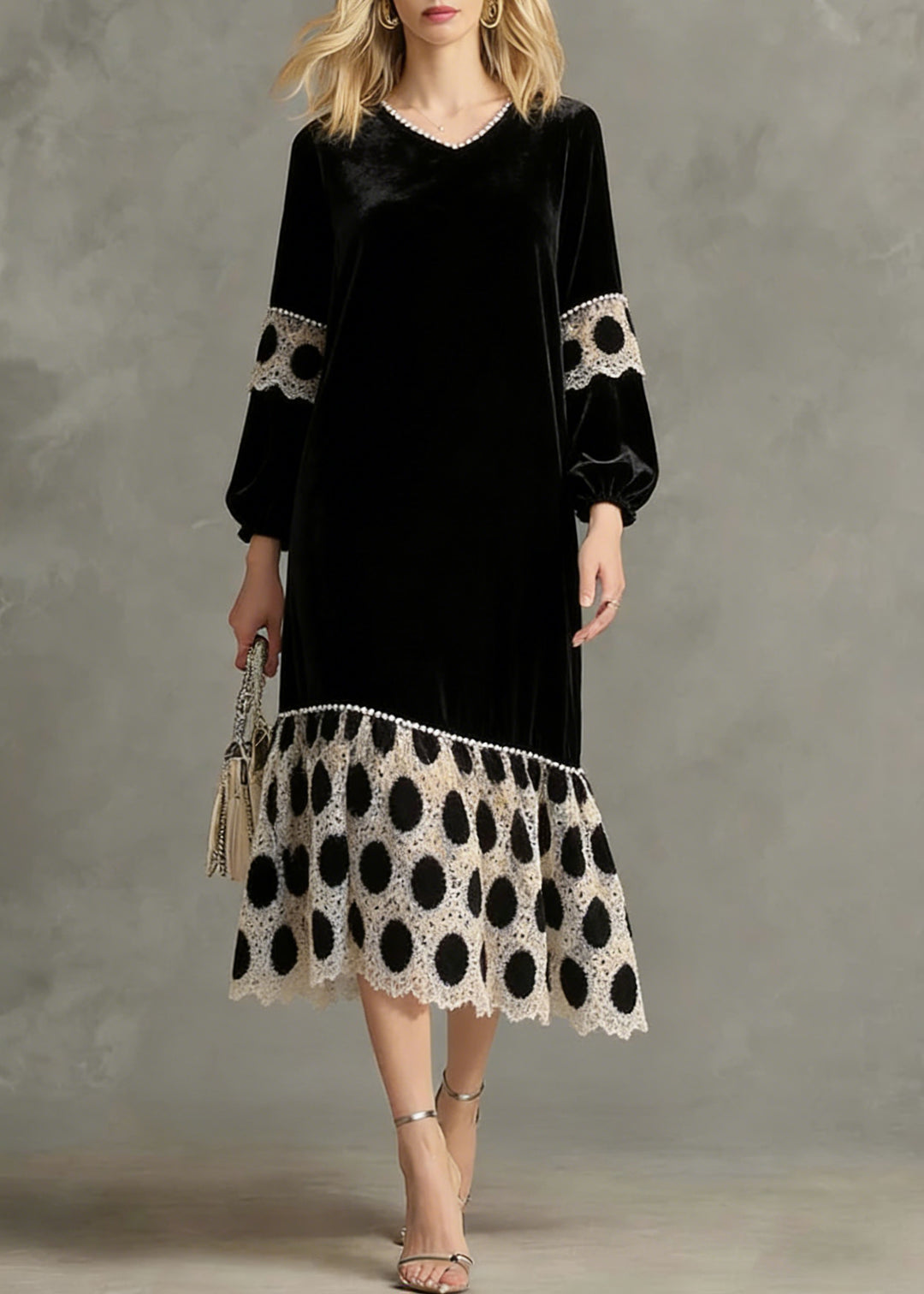 French Black V Neck Patchwork Silk Velvet Long Dress Spring