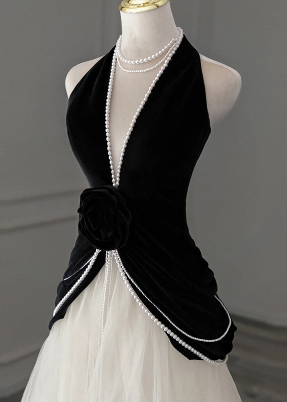 French Black V Neck Pearl Tulle Patchwork Silk Velvet Ankle Dress Sleeveless