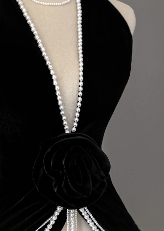 French Black V Neck Pearl Tulle Patchwork Silk Velvet Ankle Dress Sleeveless