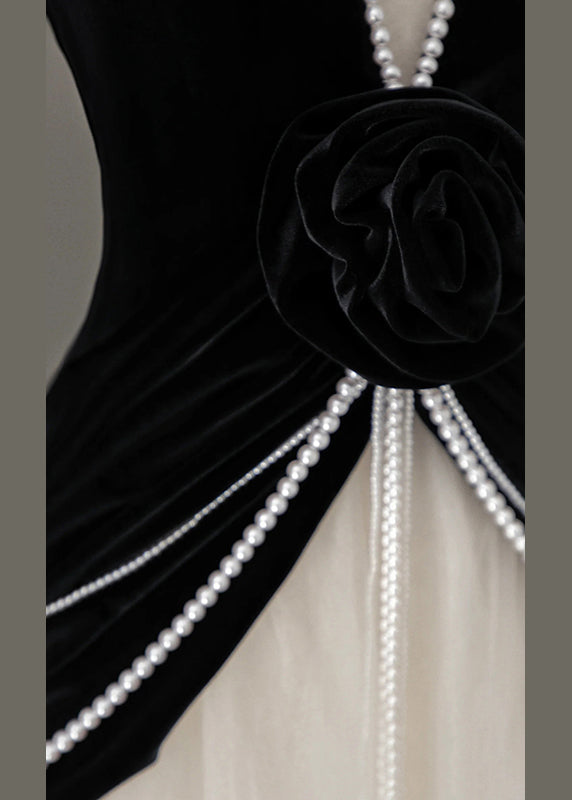 French Black V Neck Pearl Tulle Patchwork Silk Velvet Ankle Dress Sleeveless