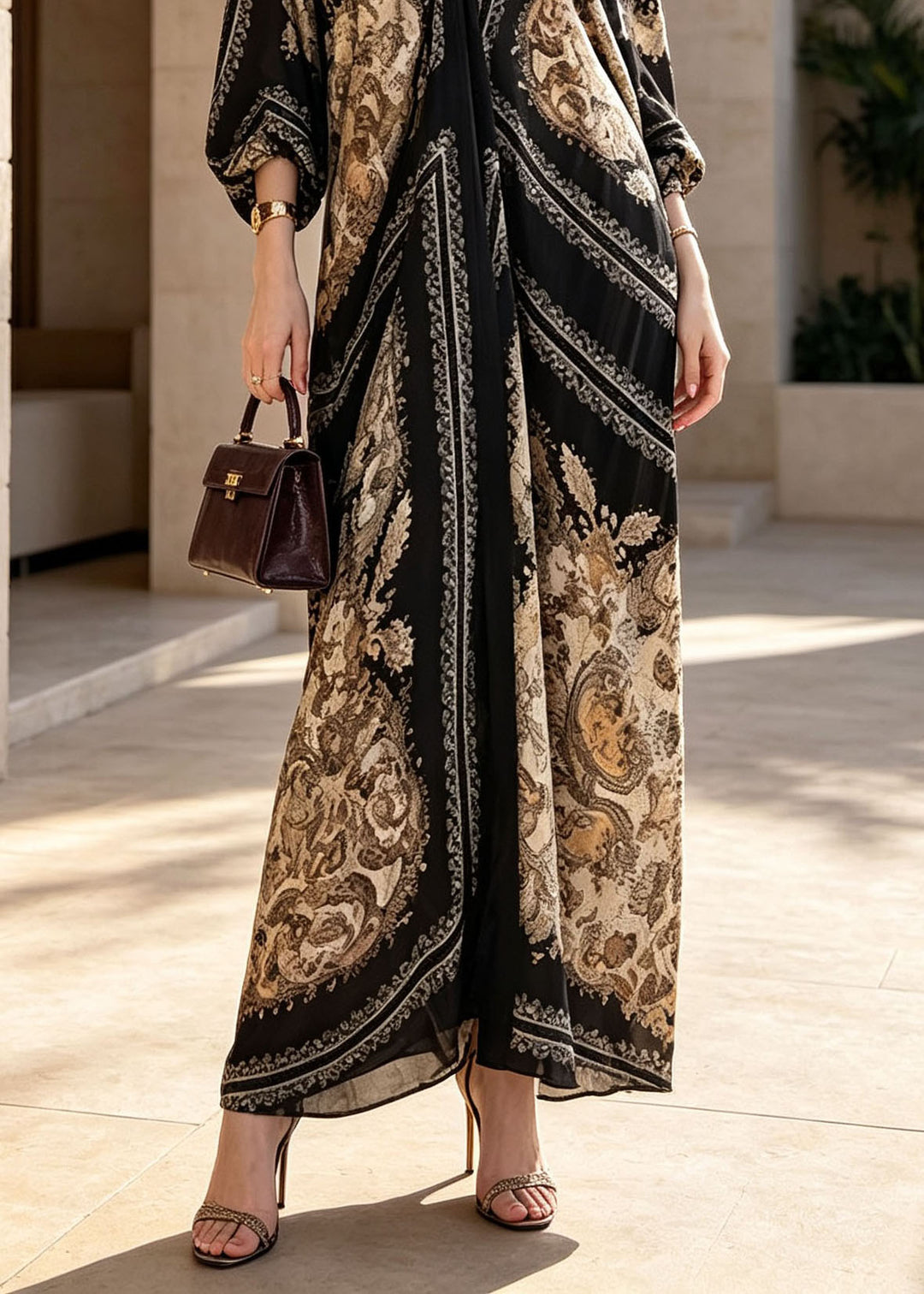 French Black V Neck Print Cotton Ankle Dress Batwing Sleeve
