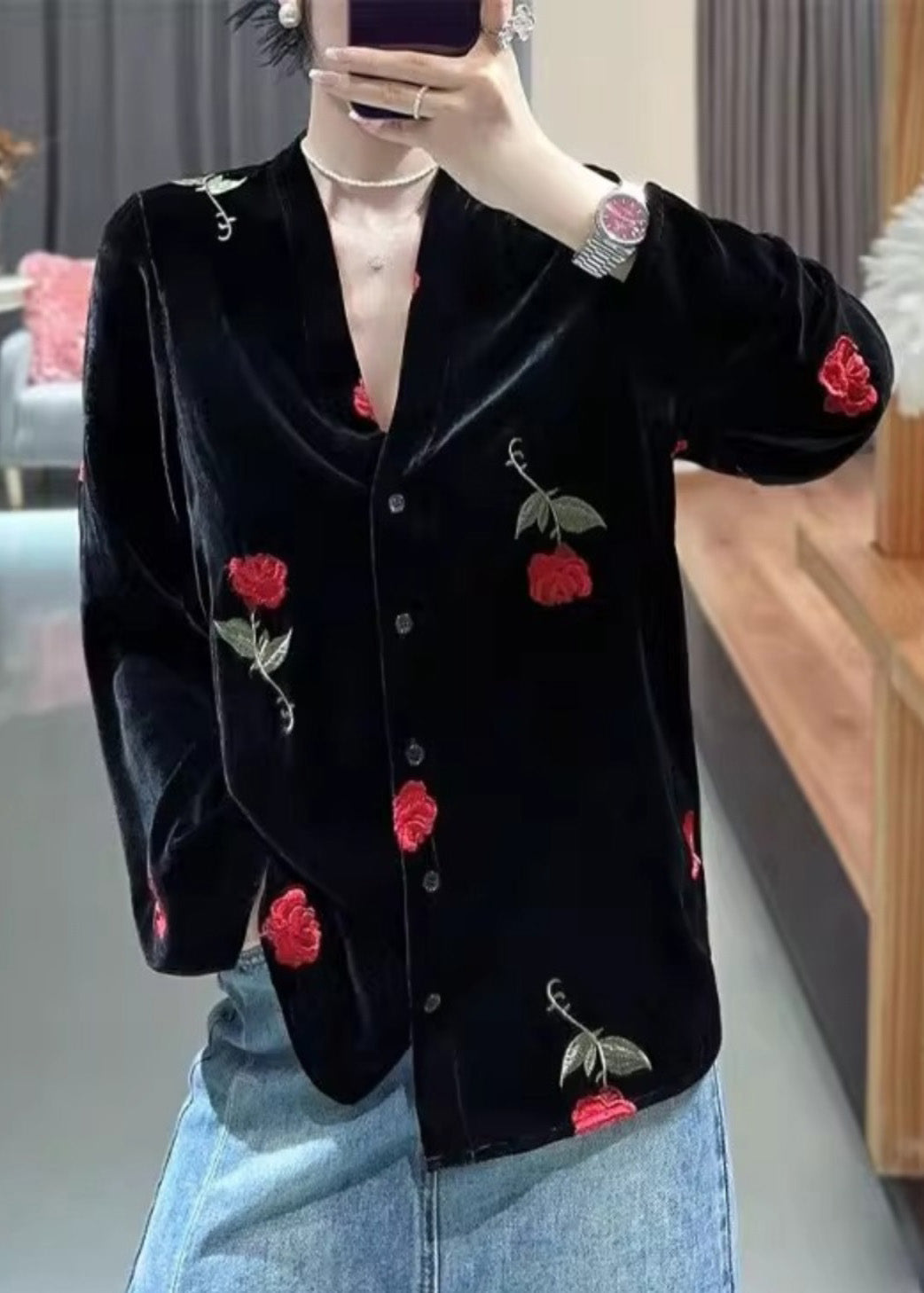 French Black V Neck Rose Button Silk Velour Blouses Fall