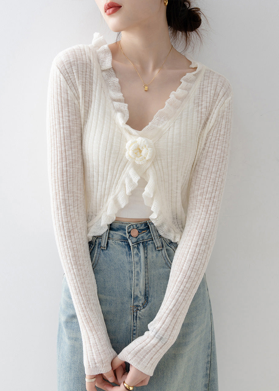 French Black V Neck Ruffled Floral Knit Cardigan Spring