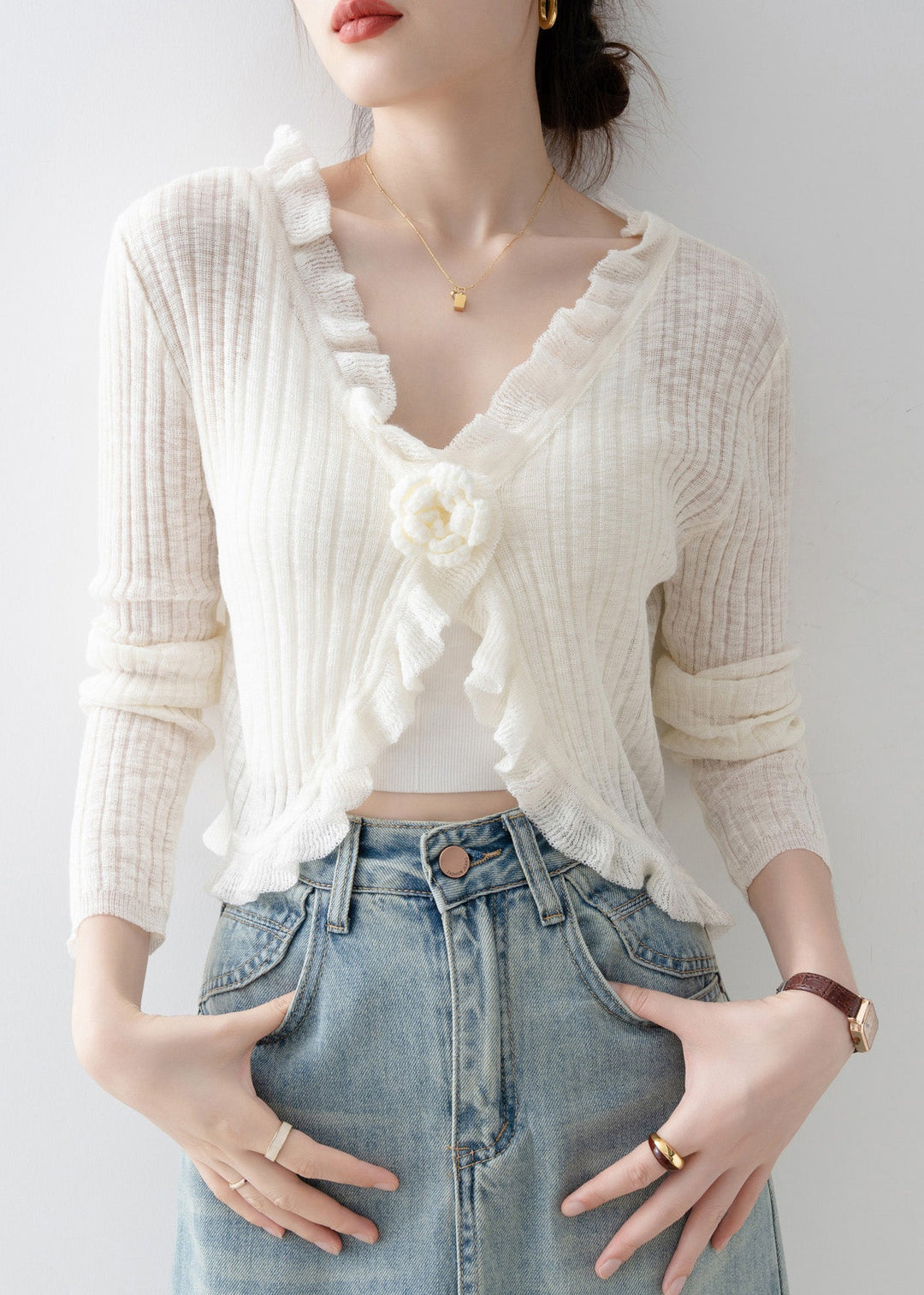 French Black V Neck Ruffled Floral Knit Cardigan Spring