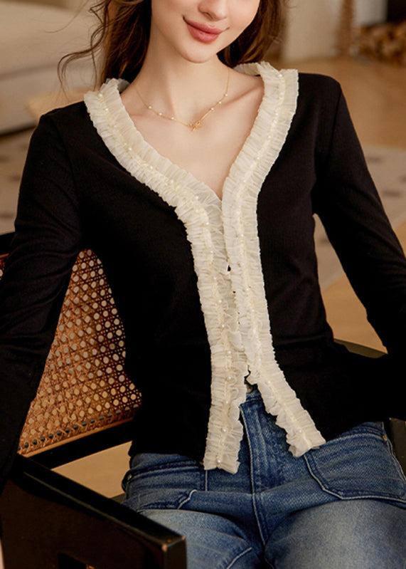 French Black V Neck Ruffled Patchwork Nail Bead Tops Fall