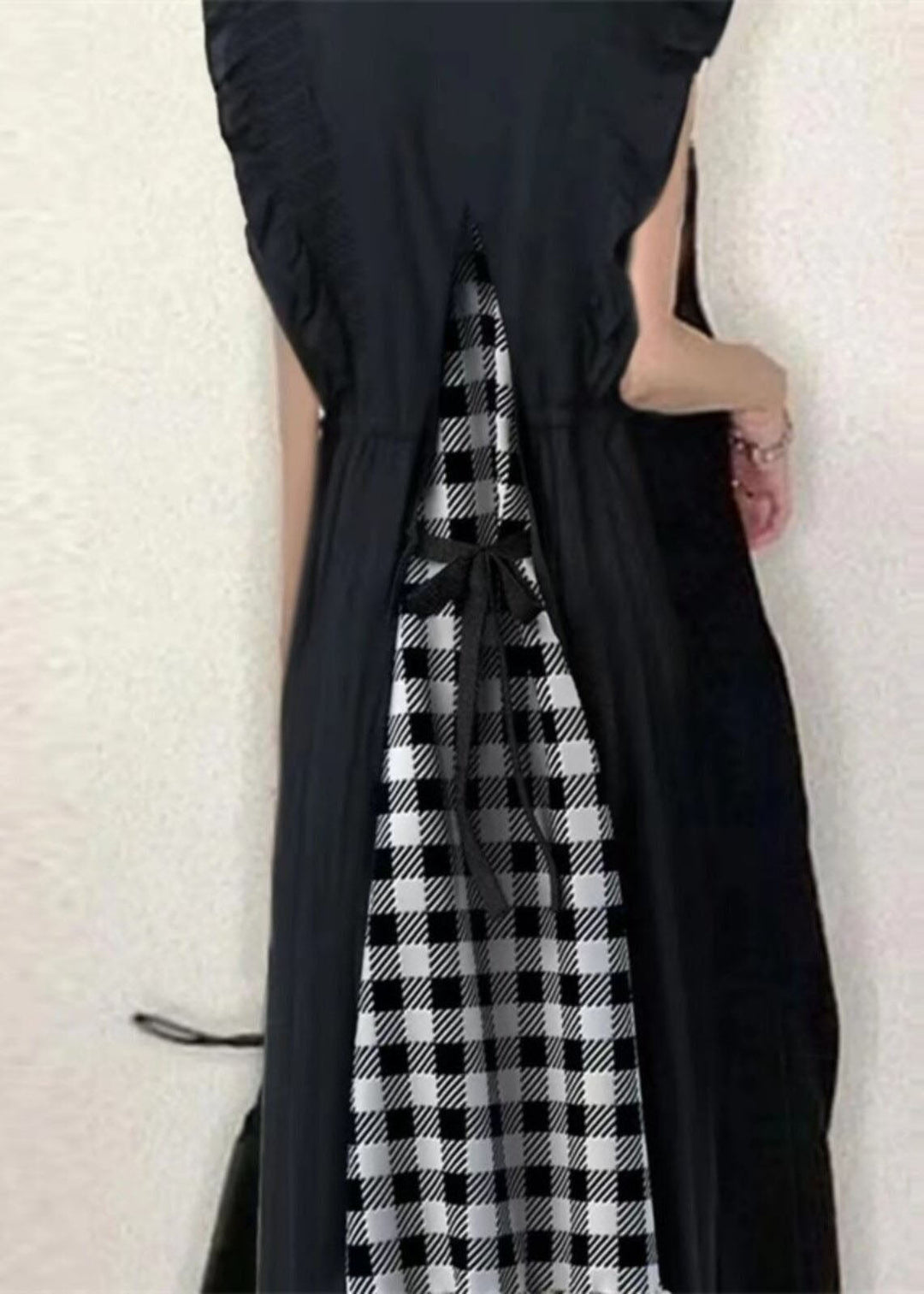 French Black V Neck Ruffled Patchwork Plaid Cotton Long Dress Summer