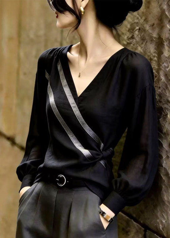 French Black V Neck Striped Tops Long Sleeve