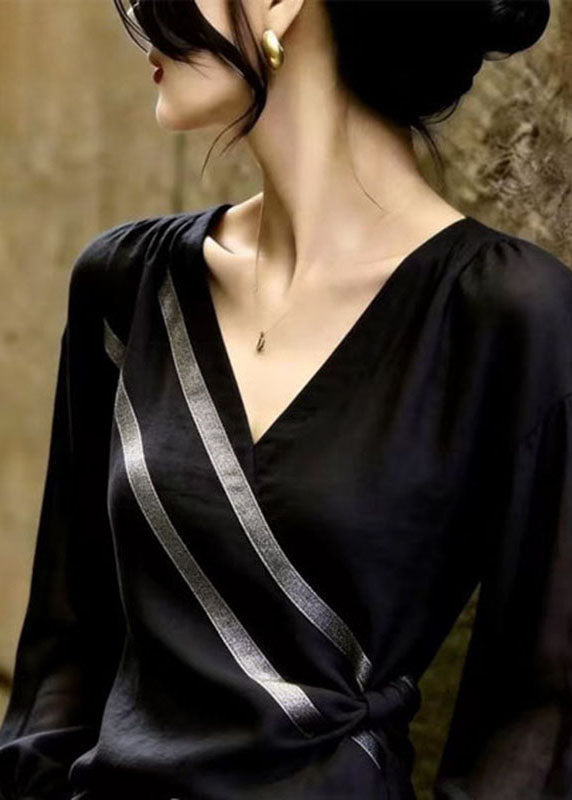 French Black V Neck Striped Tops Long Sleeve