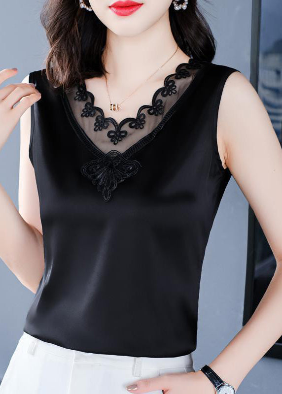 French Black V Neck Tulle Patchwork Silk Vests Summer