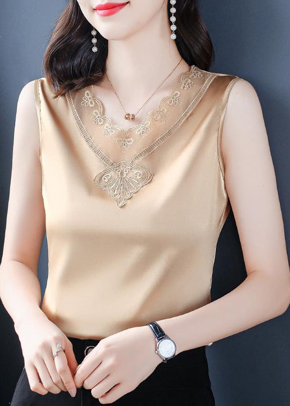 French Black V Neck Tulle Patchwork Silk Vests Summer