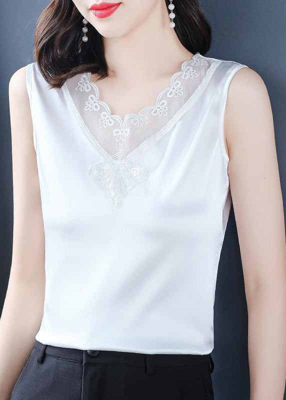 French Black V Neck Tulle Patchwork Silk Vests Summer