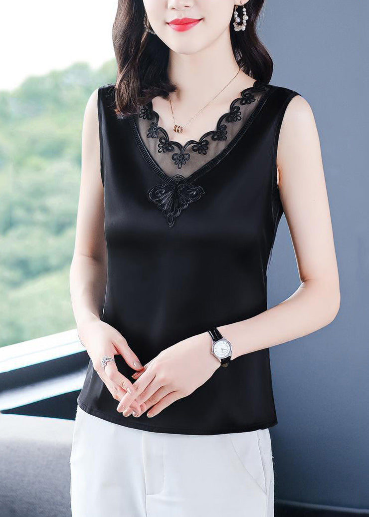 French Black V Neck Tulle Patchwork Silk Vests Summer