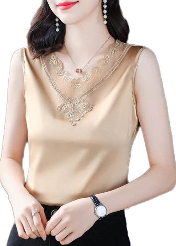 French Black V Neck Tulle Patchwork Silk Vests Summer