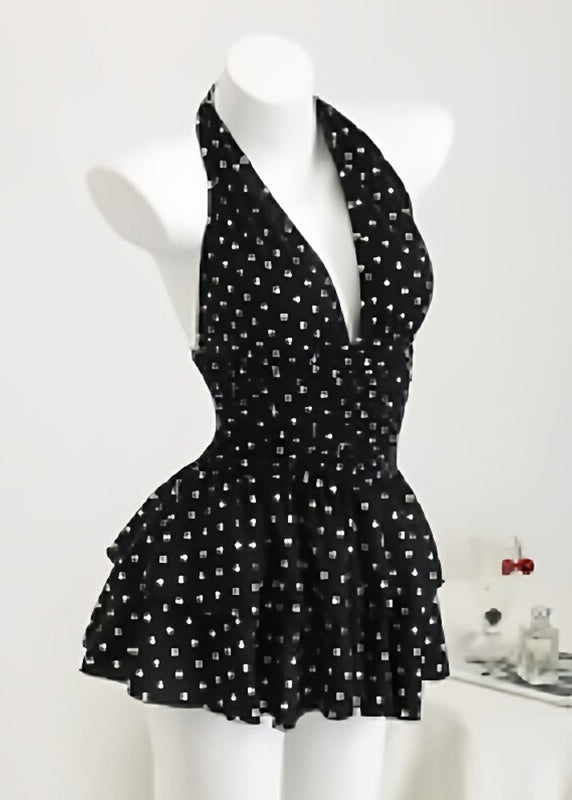 French Black V Neck Tunic Mid Spaghetti Strap Dress Summer