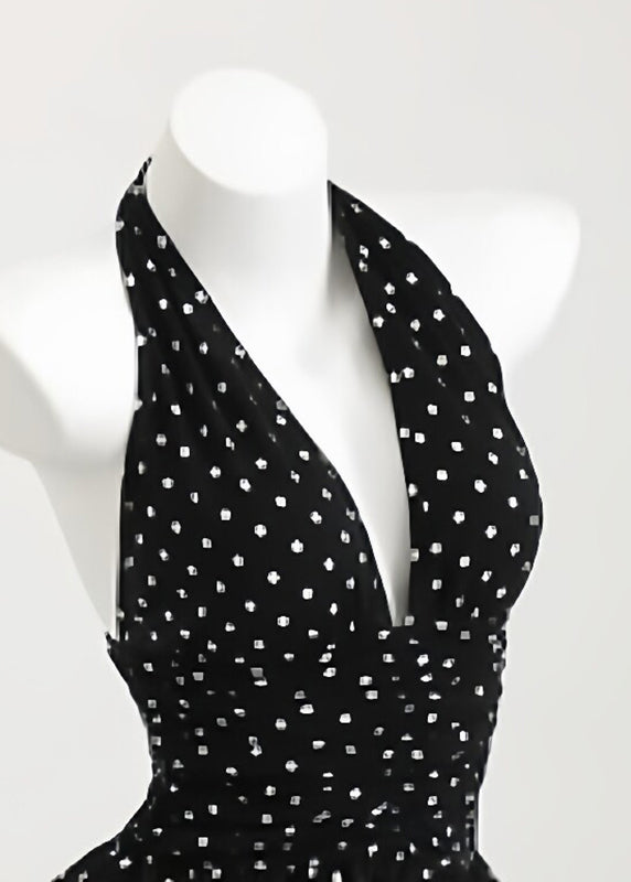 French Black V Neck Tunic Mid Spaghetti Strap Dress Summer