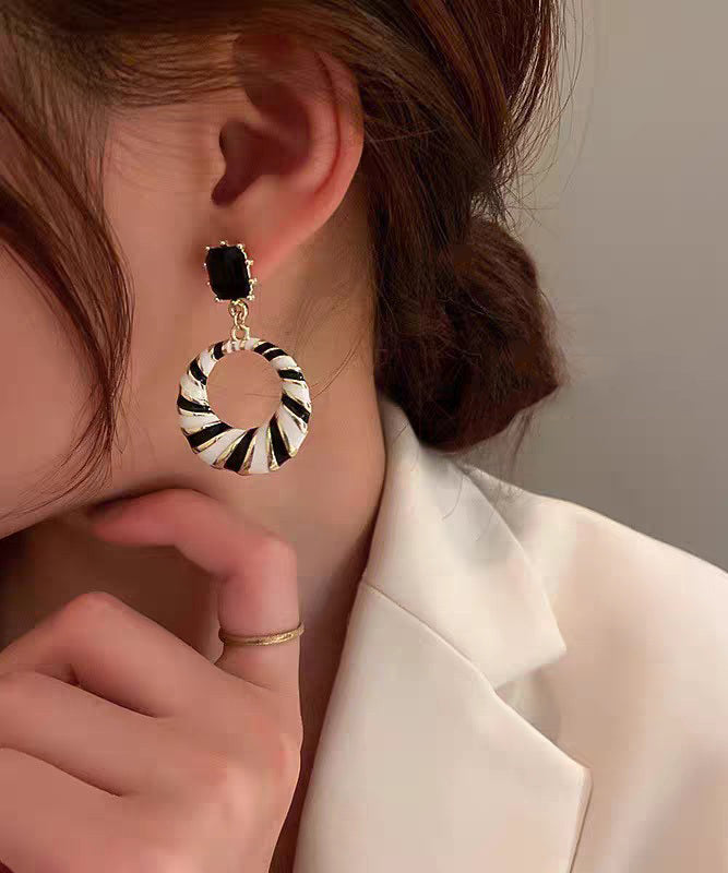 French Black White Stripe Copper Alloy Zircon Drop Earrings