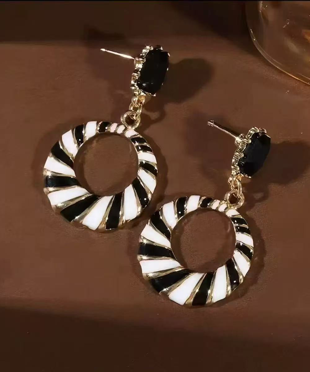 French Black White Stripe Copper Alloy Zircon Drop Earrings