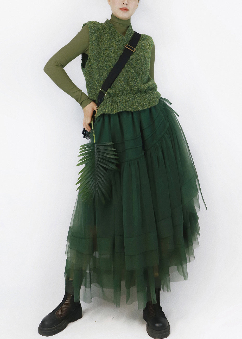 French Blackish Green Cinched Tulle Patchwork Knitted Cotton Dresses Sleeveless