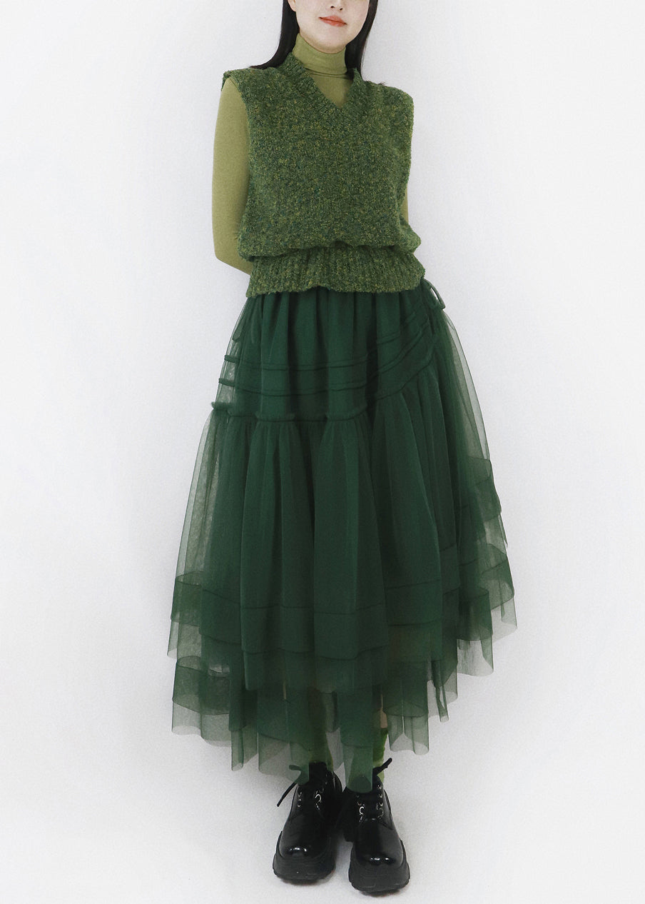 French Blackish Green Cinched Tulle Patchwork Knitted Cotton Dresses Sleeveless