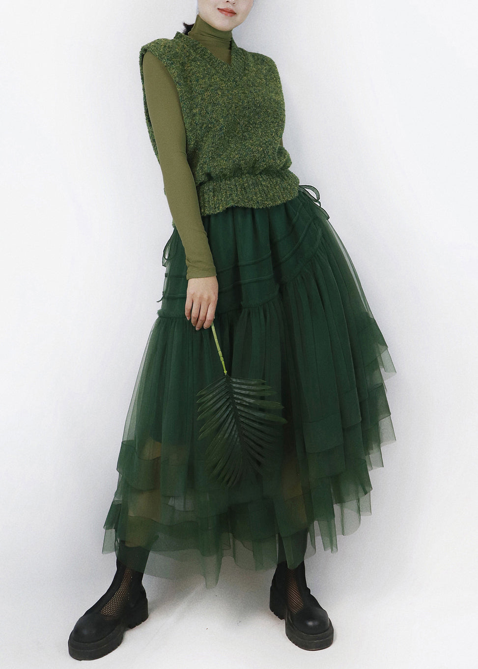 French Blackish Green Cinched Tulle Patchwork Knitted Cotton Dresses Sleeveless