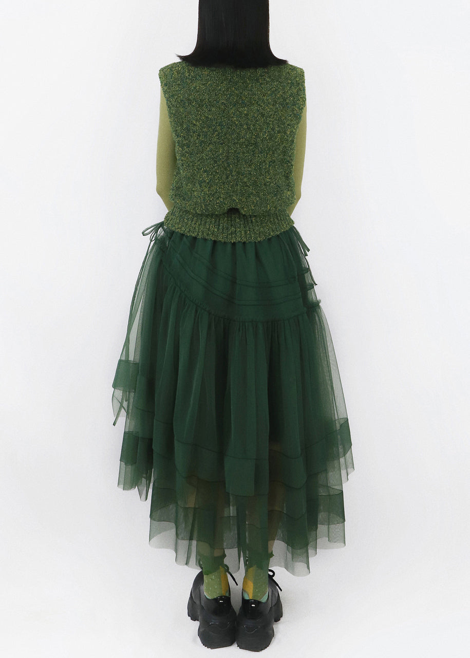 French Blackish Green Cinched Tulle Patchwork Knitted Cotton Dresses Sleeveless
