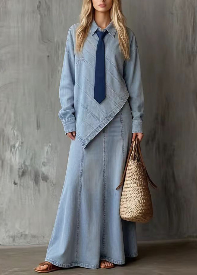 French Blue Asymmetrical Denim Two Piece Set Outfits Spring