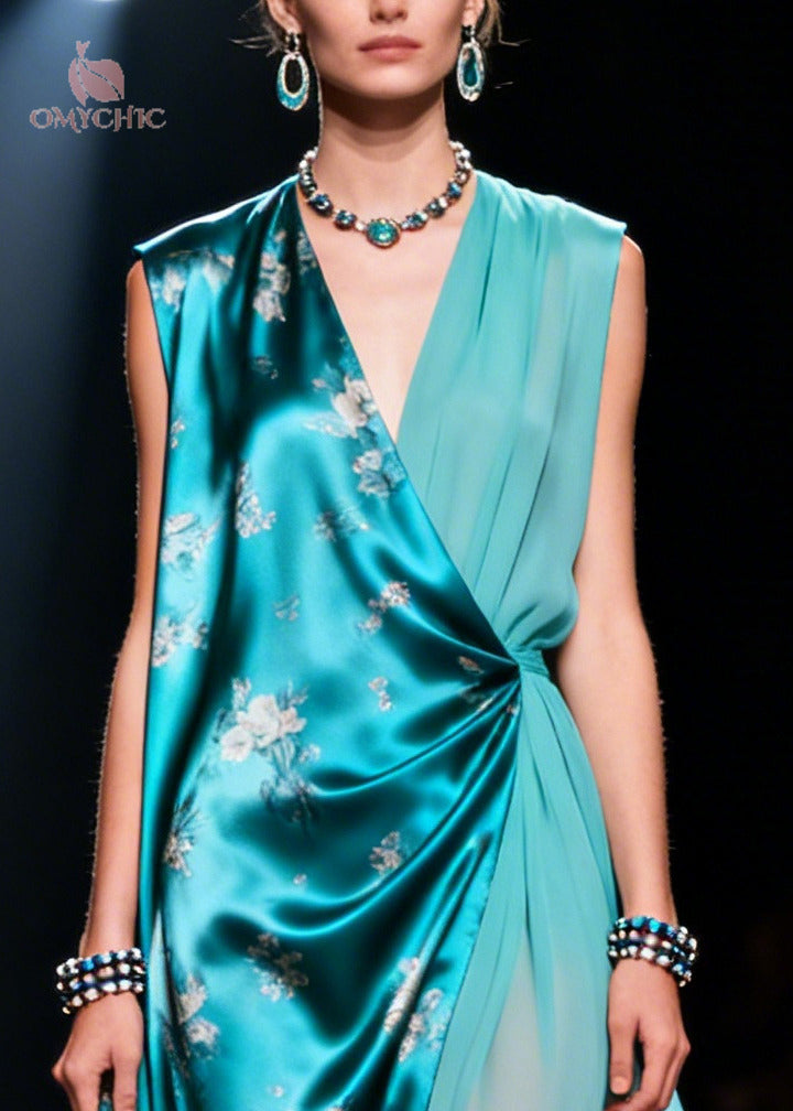 French Blue Asymmetrical Design Chiffon Fake Two Piece Dresses Sleeveless