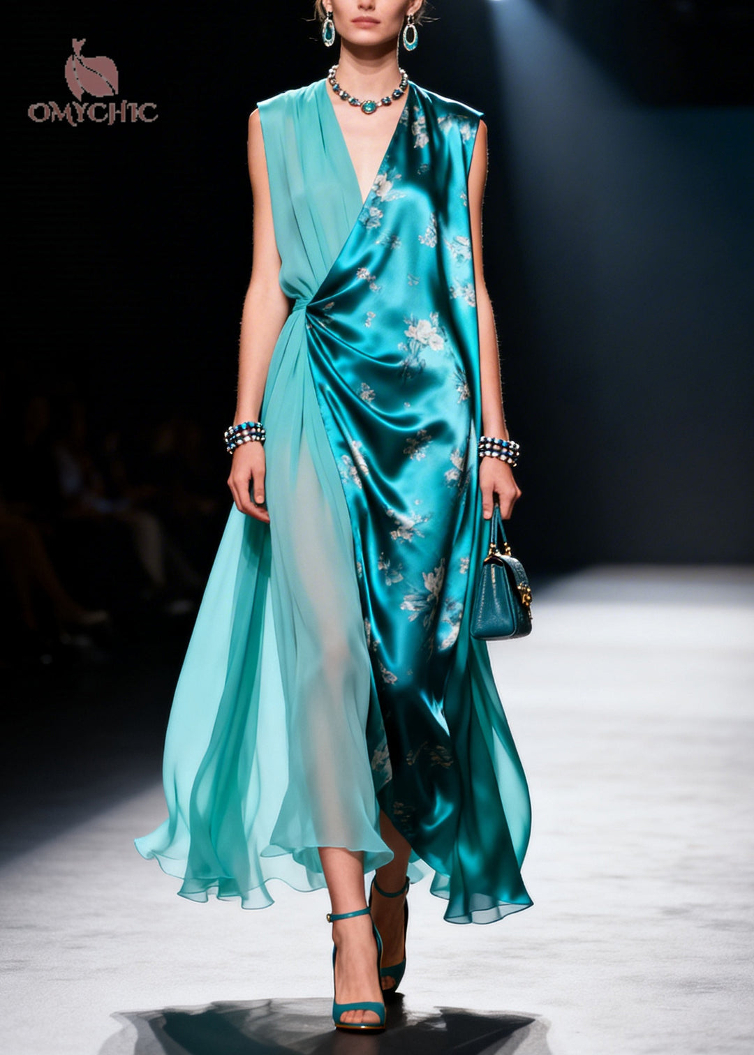 French Blue Asymmetrical Design Chiffon Fake Two Piece Dresses Sleeveless