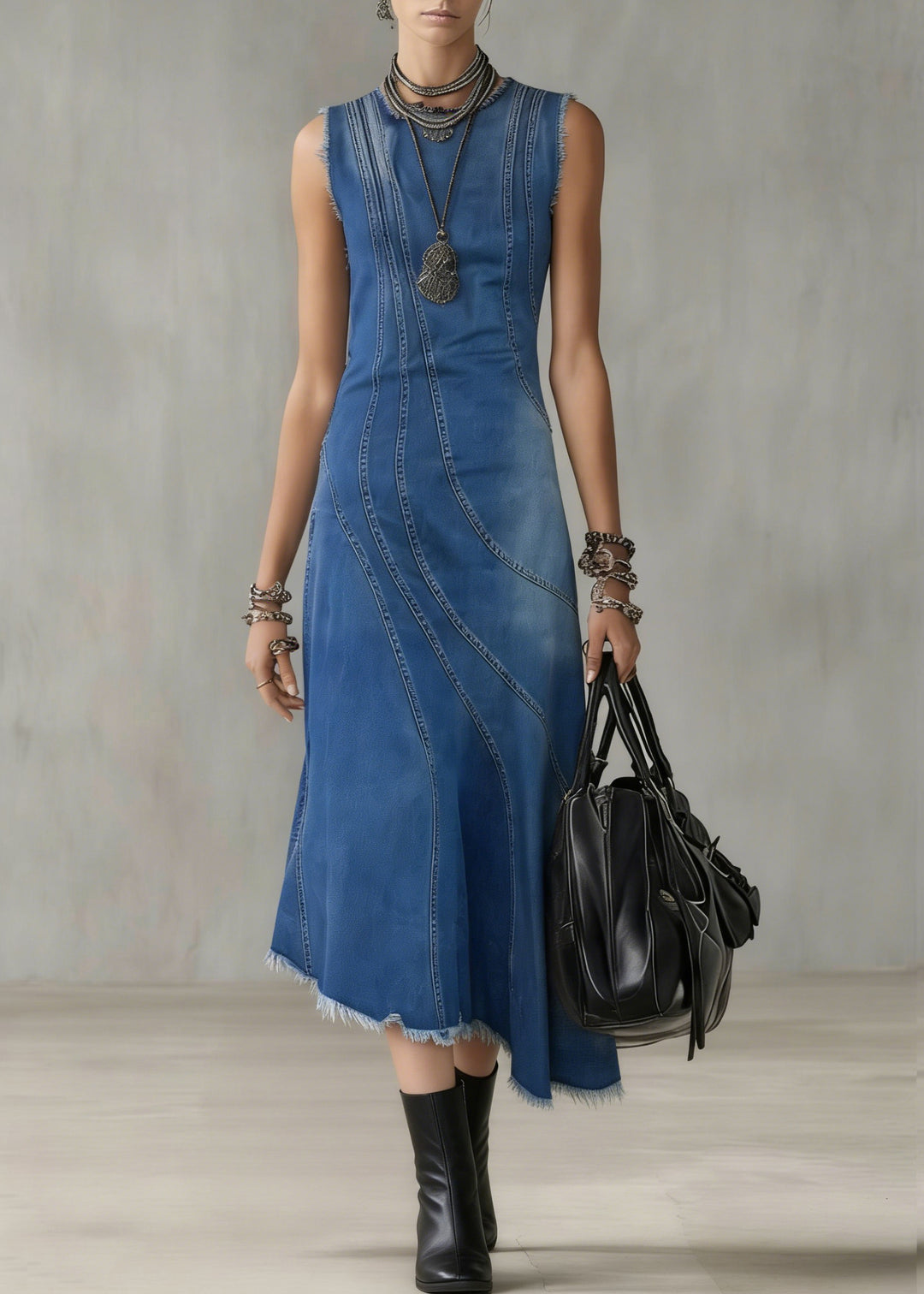 French Blue Asymmetrical Striped Denim Long Dresses Summer