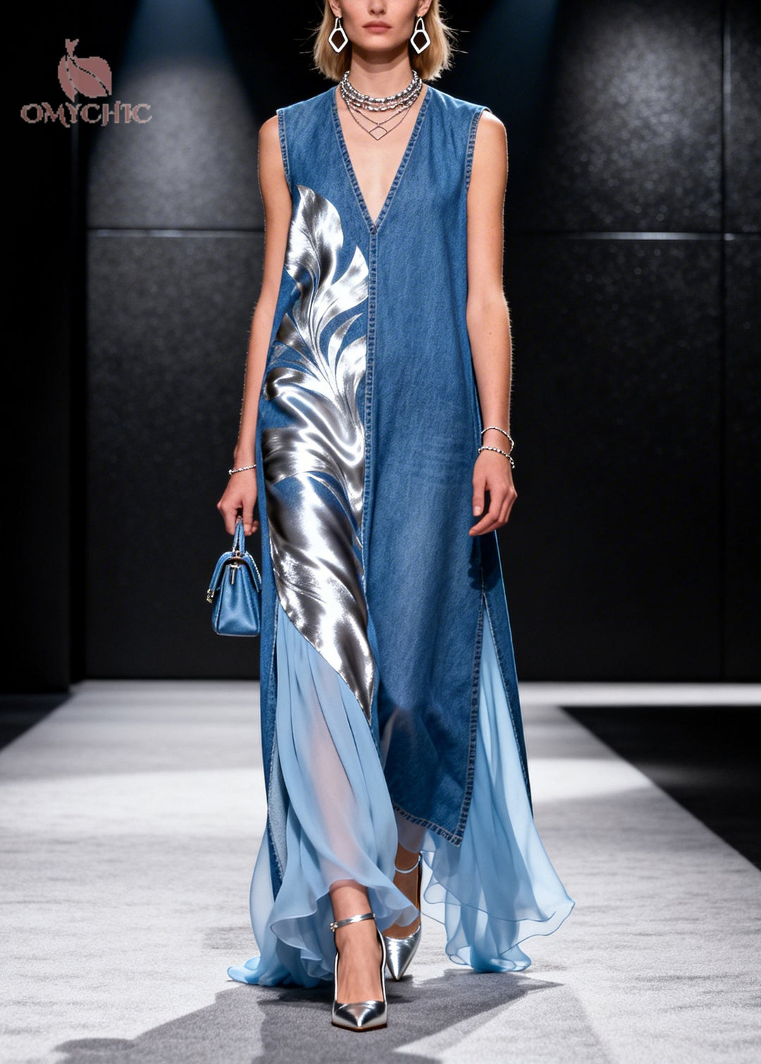 French Blue Asymmetrical Tulle Patchwork Denim Long Dress Summer