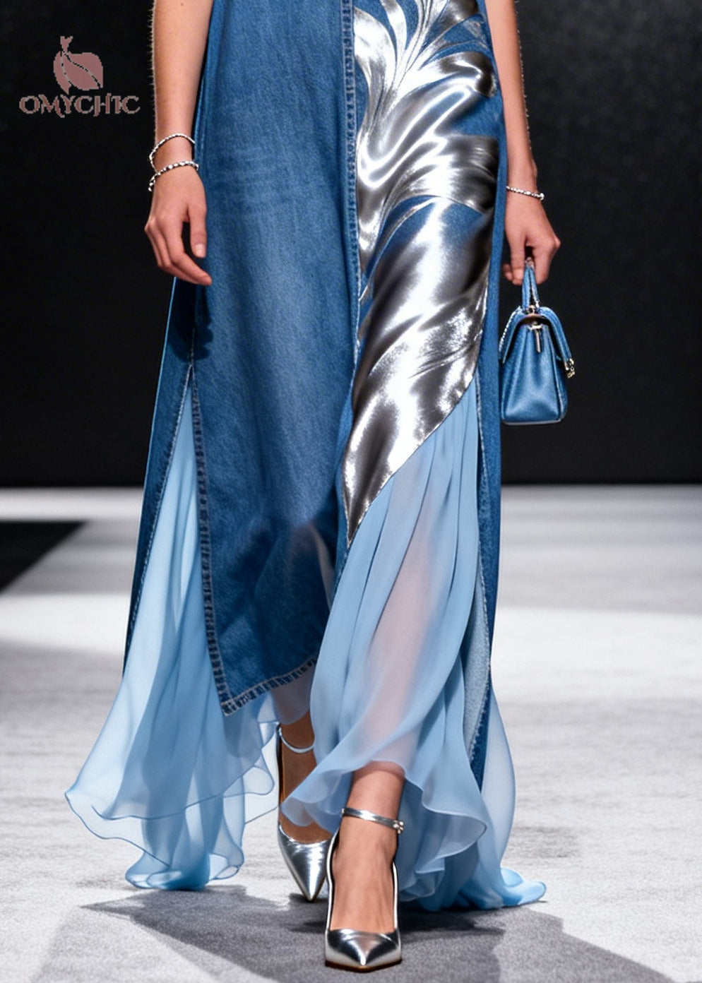 French Blue Asymmetrical Tulle Patchwork Denim Long Dress Summer