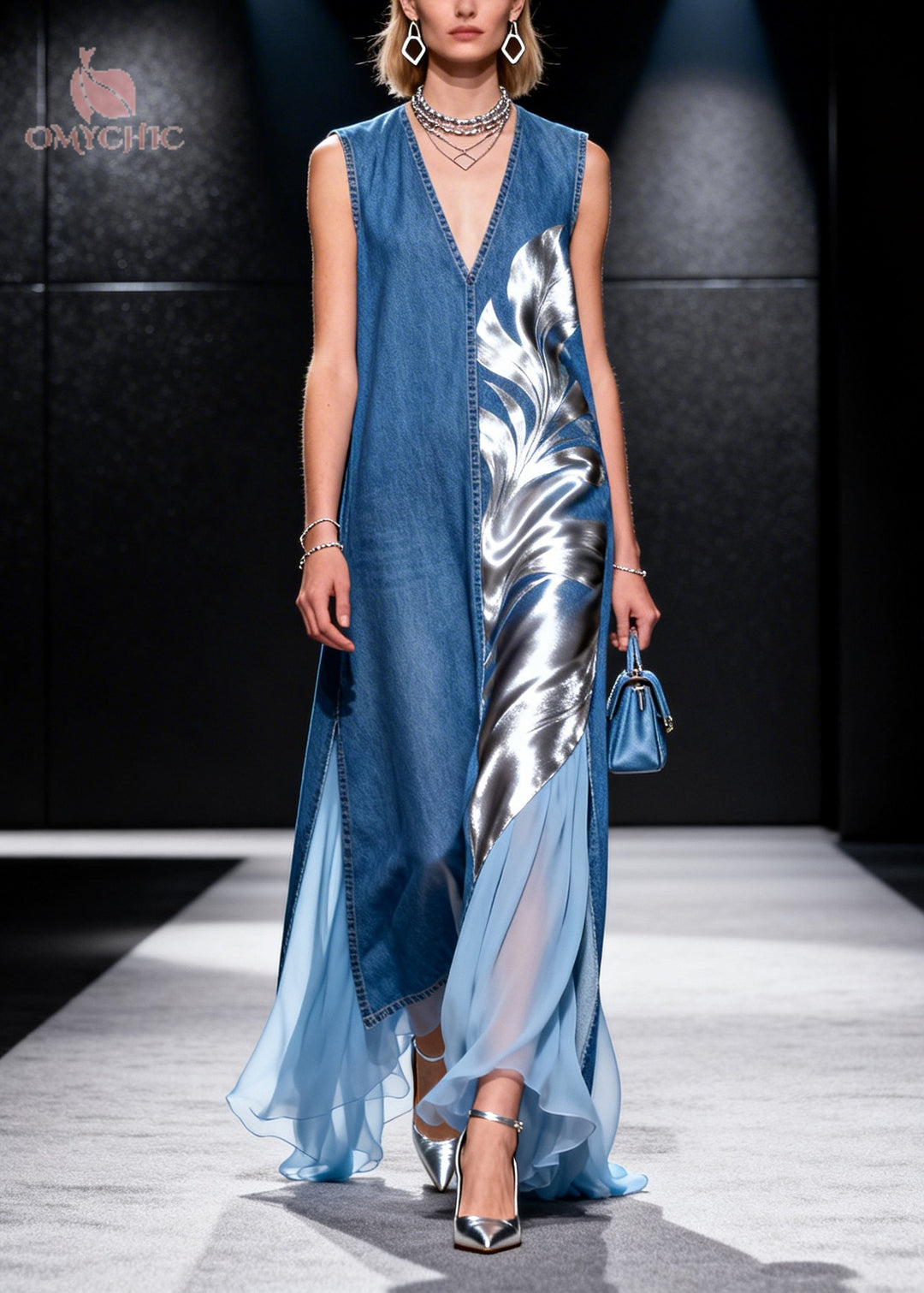 French Blue Asymmetrical Tulle Patchwork Denim Long Dress Summer